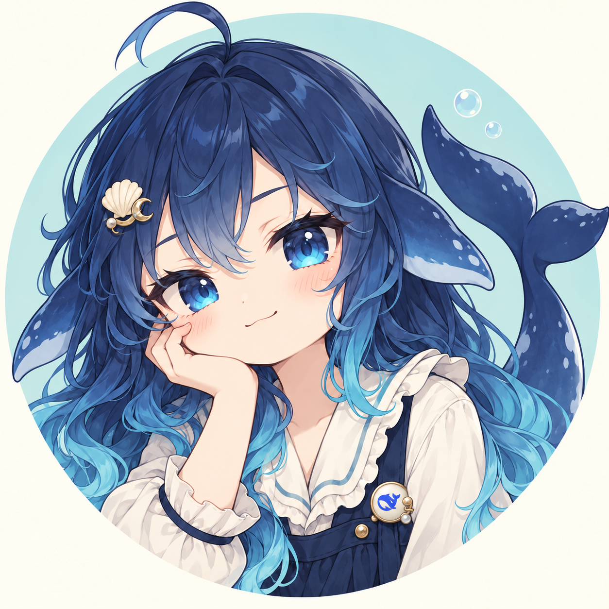 Little Whale, a blue-haired illustrated whale girl with a small whale pin.